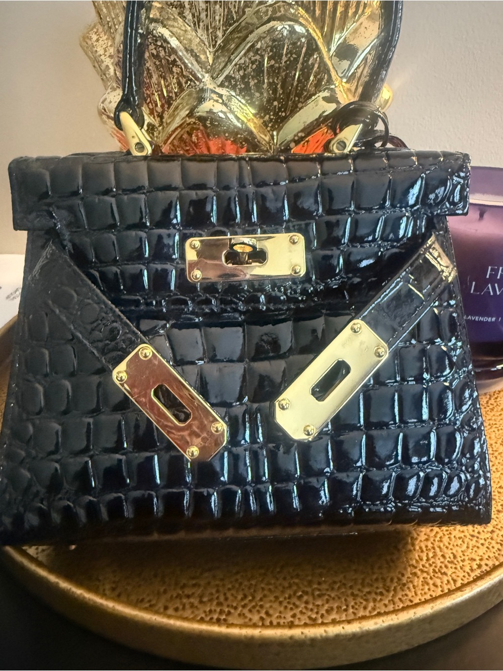 Black Croc-Embossed Patent Top Handle Bag with Gold Hardware